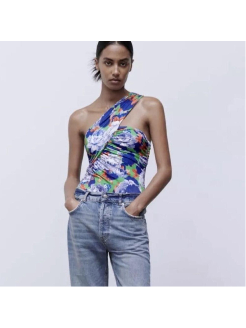 Zara floral ruched bodysuit one shoulder vacation club party top sz sm NWT